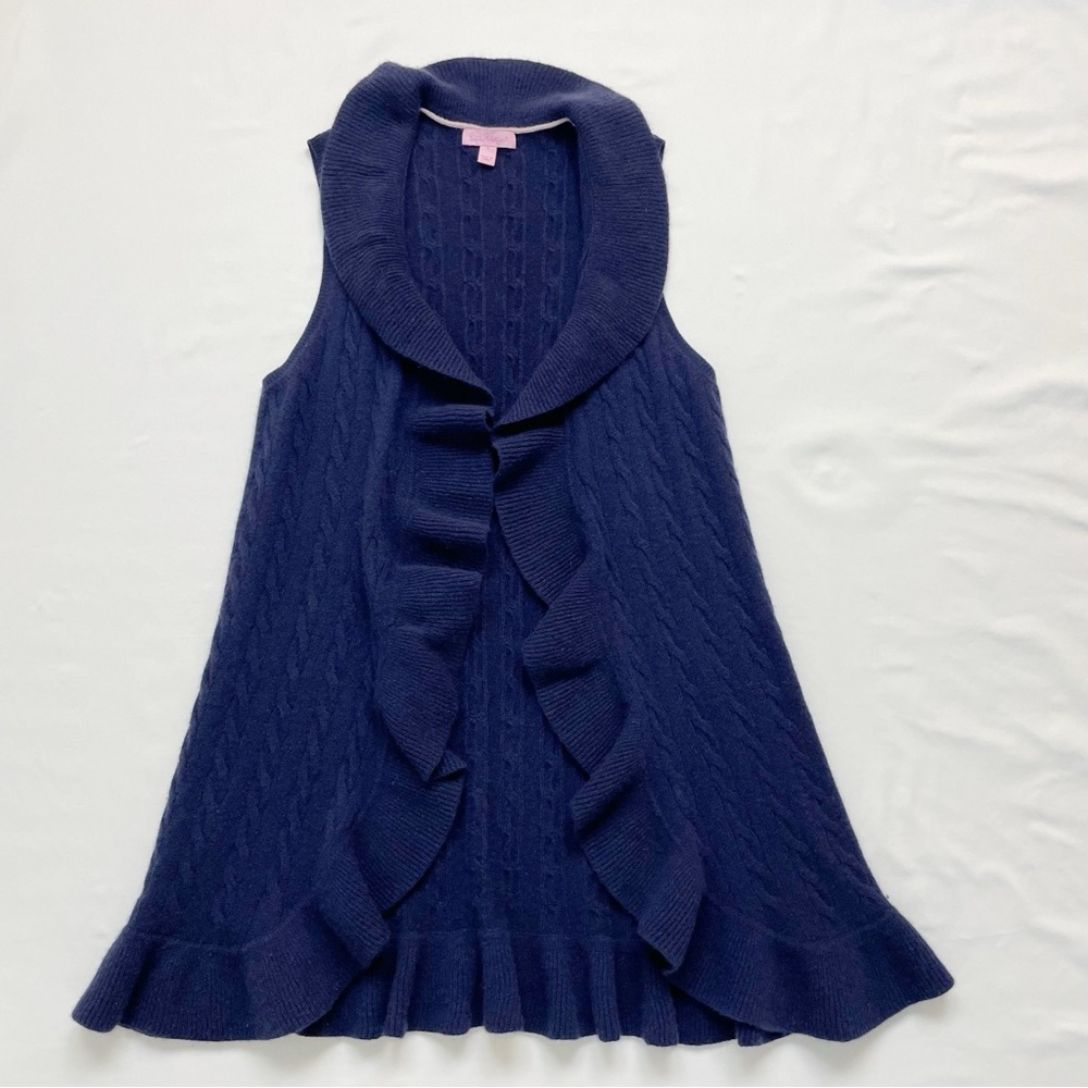 Lilly Pulitzer 100% Cashmere Ruffle Cableknit Sweater Vest Small Open Waterfall